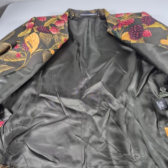 Linda Allard Green Purple Berry Print Silk Wool Blend Lined Vintage Blazer 14 LG - Picture 4 of 5
